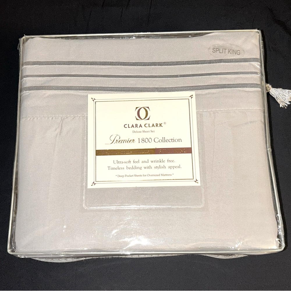 Clara Clark Premier 1800 Sheet in Whisper Gray. Luxury Split King. Deep pockets.